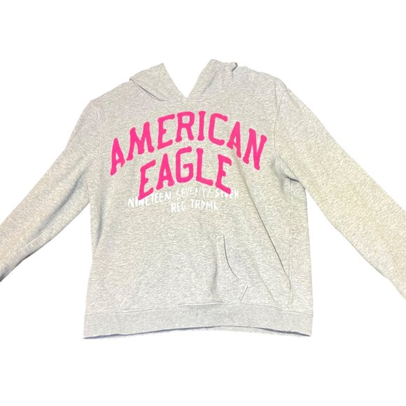American Eagle Hoodie Womens Medium Grey Pink Logo Casual Sweatshirt Cozy Trendy - Picture 1 of 13